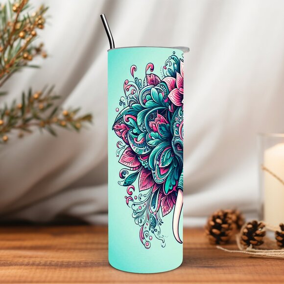 Pink and Blue Mandala Elephant 20 oz Tumbler - Picture 3 of 5